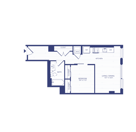 Floor plan for 1 bed, 1 bath, 595 sqft